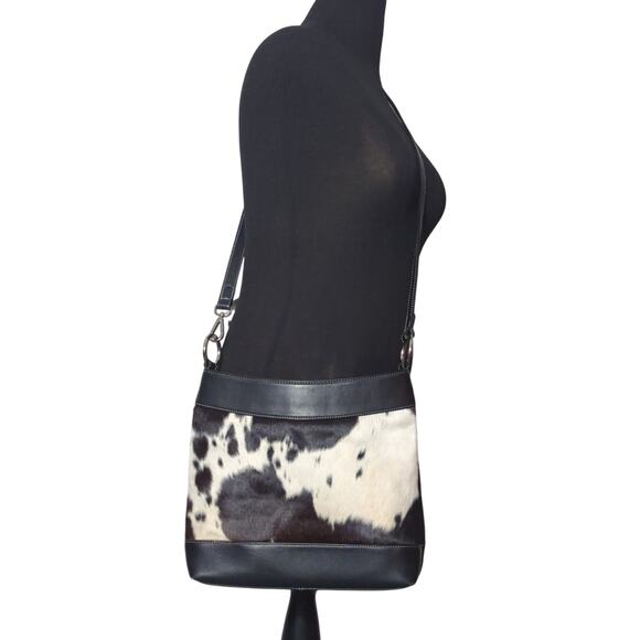 Overland Leather & Cowhide Crossbody Saddle Bag Black/White Boho Western - Picture 4 of 14